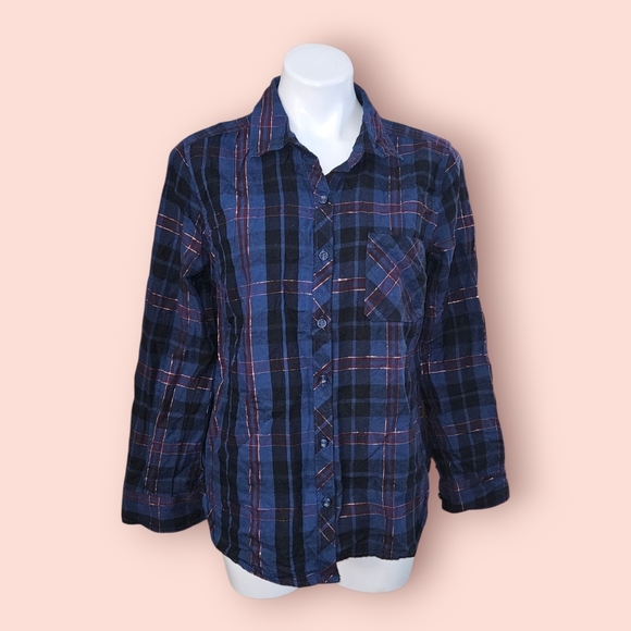 Time and Tru Navy and Burgundy Plaid Shirt - Picture 1 of 2